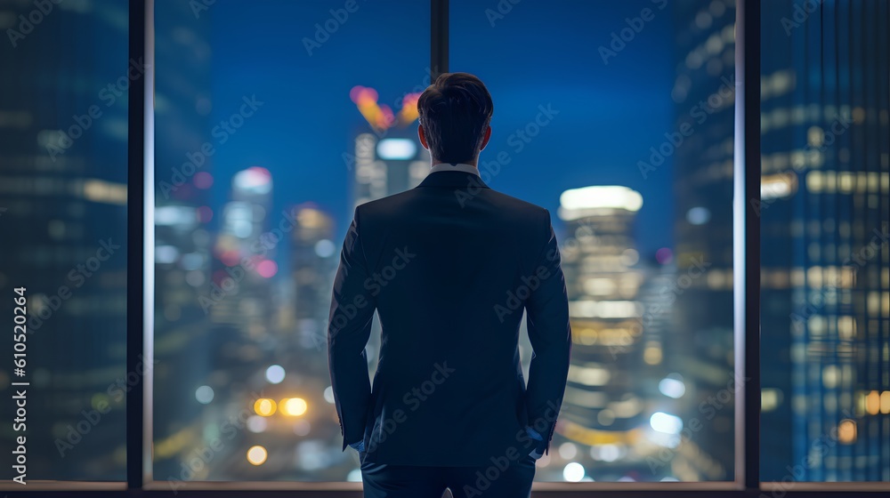 Fototapeta premium Businessman in a suit captured from behind. The executive's solitary stance, symbolizing the unique challenges, decisions, and responsibilities inherent in corporate leadership. Generative AI