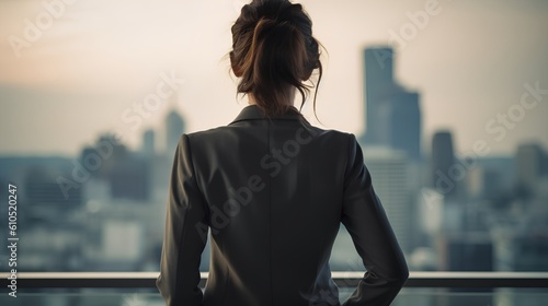 Business woman in a suit. The executive from the back view, emphasizing his solitary stance, reflecting the challenges and opportunities in the corporate world. Generative AI