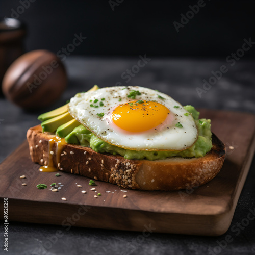 Obraz na płótnie An avocado toast breakfast on a wooden table Generative Ai w salonie
