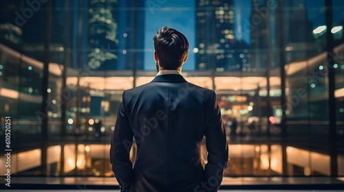 Businessman in a suit captured from behind. The executive's solitary stance, symbolizing the unique challenges, decisions, and responsibilities inherent in corporate leadership. Generative AI