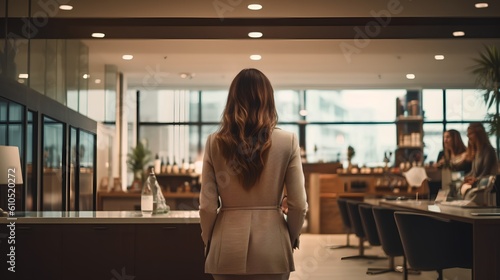 Business woman in a suit. The executive from the back view, emphasizing his solitary stance, reflecting the challenges and opportunities in the corporate world. Generative AI © TensorSpark