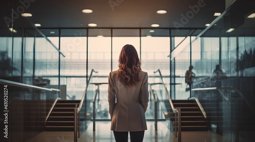 Business woman in a suit. The executive from the back view, emphasizing his solitary stance, reflecting the challenges and opportunities in the corporate world. Generative AI