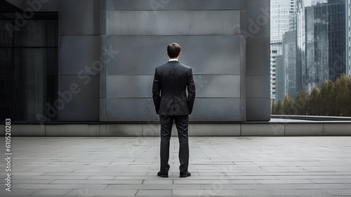 Businessman in a suit captured from behind. The executive's solitary stance, symbolizing the unique challenges, decisions, and responsibilities inherent in corporate leadership. Generative AI photo