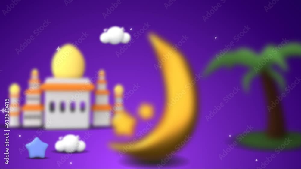 Blur focus on the background of the mosque and the moon at night. Animated video to welcome Islamic holidays Blur focus on the background of the mosque and the moon at night. Animated video to welcome Islamic holidays