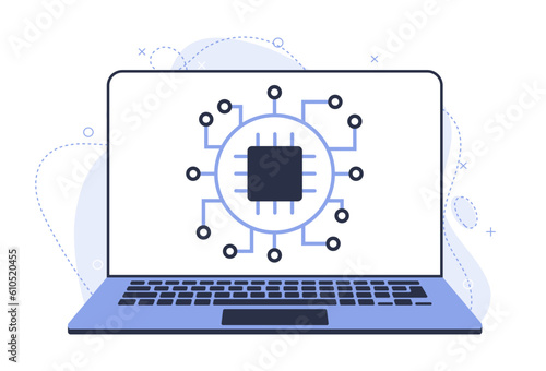 Illustration of a laptop with an updated chip. New software version. Improved characteristics
