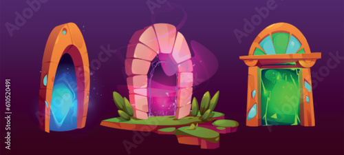 Fairy magic portal cartoon game vector set. Fantasy teleport door to parallel dimension. Wizard doorway kit with vortex energy aura for fantastic adventure illustration. Neon light in hole with steam