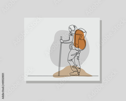 Continuous single one line art drawing of people walking and hiking mountain with backpack carrier bag in boho bohemian style design vector illustration