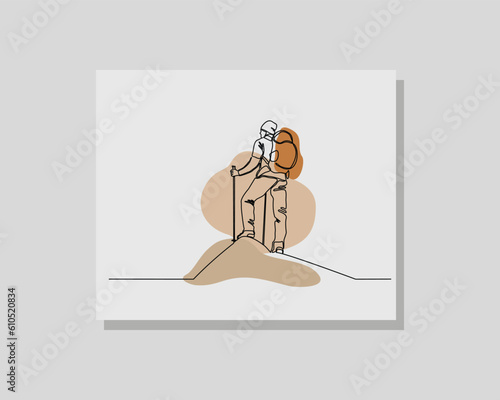 Continuous single one line art drawing of people walking and hiking mountain with backpack carrier bag in boho bohemian style design vector illustration