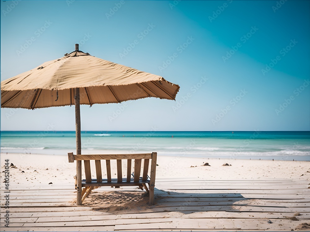 A nostalgic beach scene with a vintage beach umbrella and a wooden boardwalk.