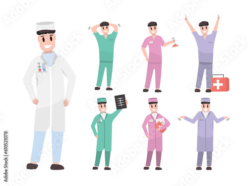 doctors, medical workers set cartoon flat male characters. doctors in medical coats and T-shirts, surgeons and chief physicians in different poses. vector flat cartoon characters.