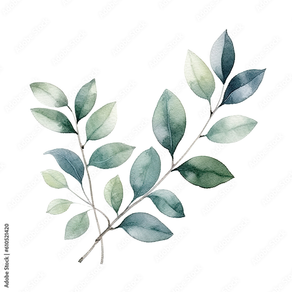 Watercolor leaves and branches illustration transparent background, PNG ,Generative AI