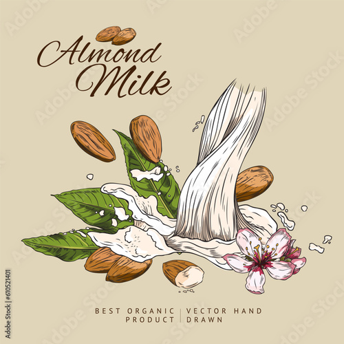 Squared banner about almond milk sketch style, vector illustration