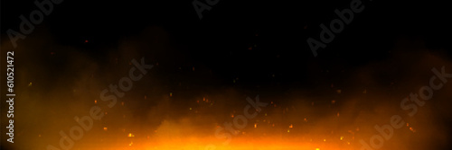 Fire spark overlay with smoke and flame background. Grill heat glow in cloud isolated transparent vector. Realistic flying orange sparkle abstract illustration. Hell bonfire fiery with hot cinder
