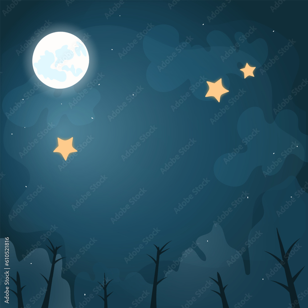 Vector illustration of the night sky with yellow bright stars with the moon on a dark background