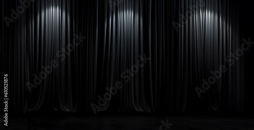 Fototapeta Naklejka Na Ścianę i Meble -  Abstract minimal concept. Luxury black opening curtain drapes empty wall stage with spotlight. Mock up template for product presentation. 3D rendering. copy text space