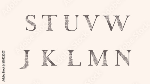 Logo rose set. Floral alphabet logo set. Rose flowers in design. Delicate monograms for wedding, boutique, flower business, fashion, cafe.