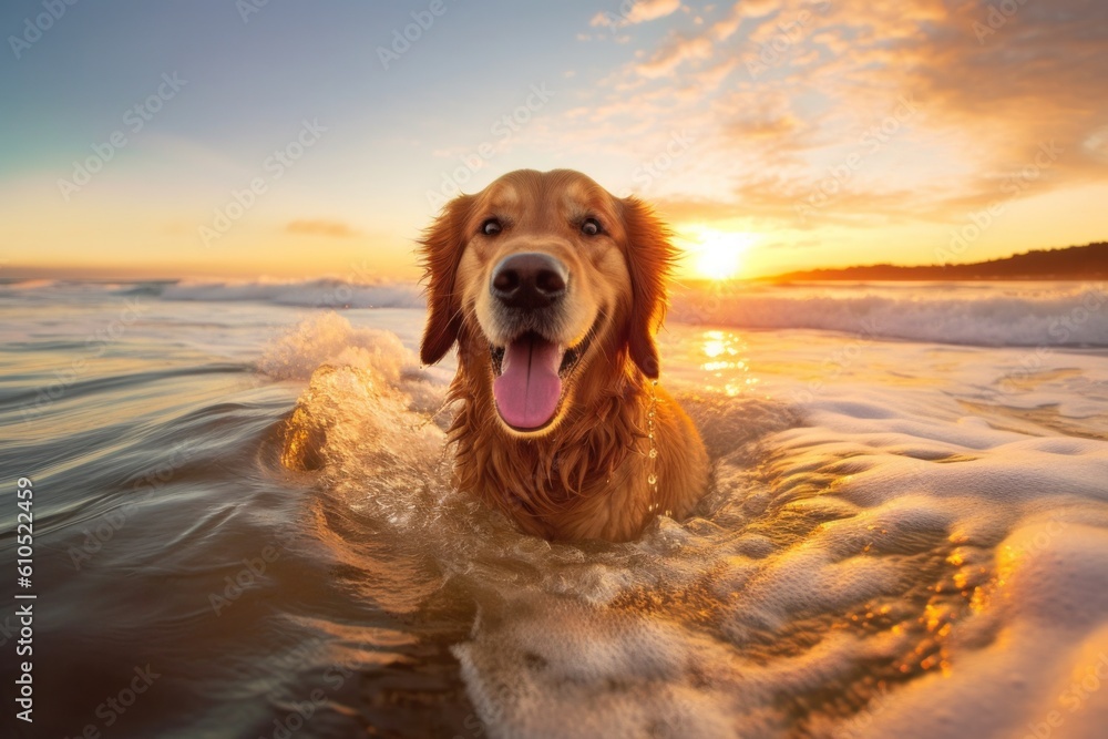 Golden Retriever enjoys a surf lesson, catching a wave with its paws at sunset. Generative AI