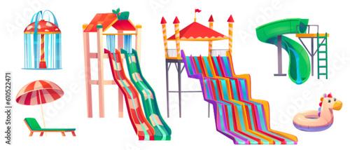 Summer aqua park with water slides, spiral tube, inflatable ring, fountain and lounge chair with umbrella. Amusement aquapark with equipment for swim and play, vector cartoon set
