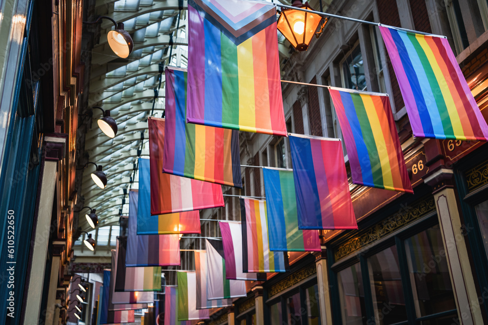 Different LGBTQ pride and rainbow flags hanginging in two rows in city. London. Selective focus on flag