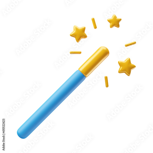 Magic wand 3d realistic style rendering vector illustration. Magical blue and golden stick with stars and sparkles. Magician, wizard, fairy, princess accessory isolated on white background