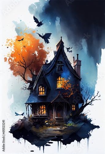 Dark scary scene with haunted house painted by watercolor by hand. Generative AI.