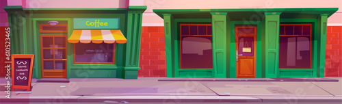 Cafe shop street exterior vector city storefront. Vintage building front view cartoon illustration with small green cafeteria or restaurant facade design. Outdoor closed bakery scene with signboard