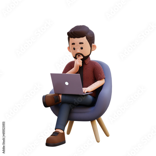 3d male character sitting on a sofa and working on a laptop with thinking pose