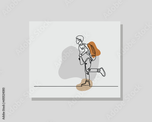 Continuous single one line drawing art of student school boy kids with school bag an uniform in boho bohemian style design vector illustration