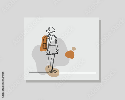 Continuous single one line drawing art of student school girl kids with school bag an uniform in boho bohemian style design vector illustration