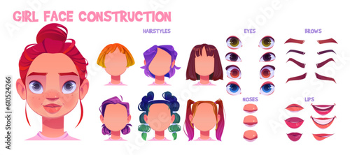 Girl character face avatar construction cartoon. Female hairstyle, eye, nose, mouth and lips illustration create kit for clipart animation. Beautiful hippie kid facial emotion creator design set.