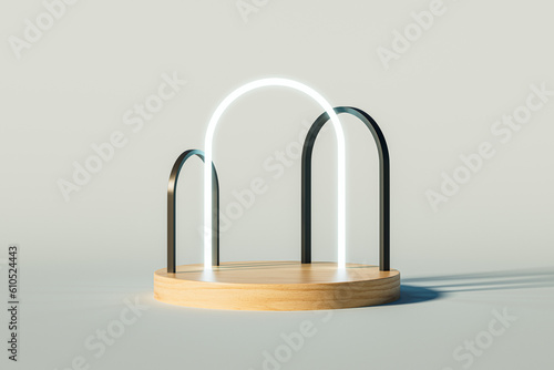 3d presentation wooden pedestal with arches over white outdoor background. 3d rendering of mockup of presentation podium for display or advertising purposes