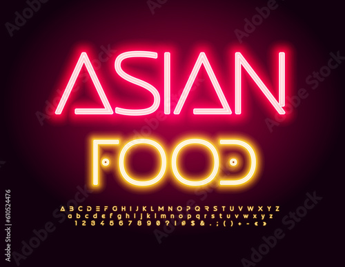 Vector advertising Banner Asian Food. Trendy Neon Font. Bright Glowing Alphabet Letters and Numbers set