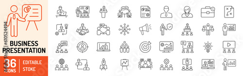 Business presentation editable stroke icons set. Presentation, business, seminar, partnership, goals, meeting, whiteboard, conference and business plan icons. Vector illustration.