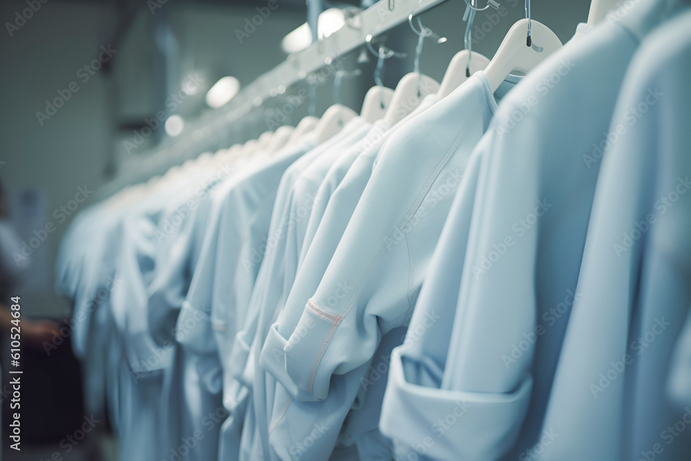 Fototapeta premium White clothes on a hanger. Factory-tailored clothing made from natural and processed fabrics. Clothing factory. Fabric manufacturing. Tailoring. Generative AI
