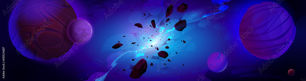 Galaxy explosion nebula space cartoon vector background. Universe crack at night sky outer cosmos illustration. Abstract futuristic fiction blue starry dark landscape with smoke and neon light shine.