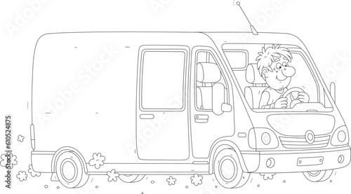 Funny courier driving his express delivery van full of ordered goods for waiting customers, black and white outline vector cartoon illustration for a coloring book