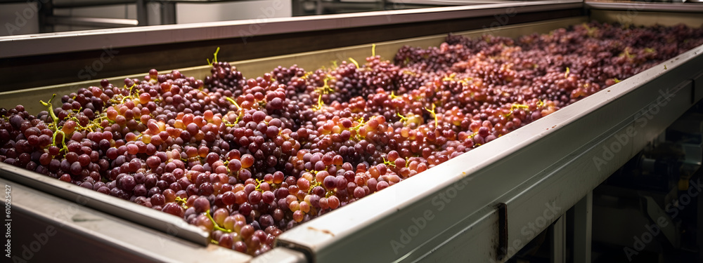 Grapes in trays in production. Grapes in industrial production. Generative AI