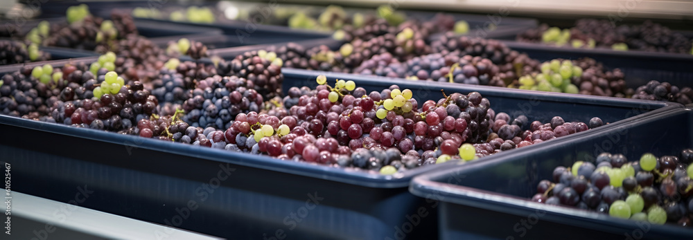 Grapes in industrial production. Grapes in trays in production.  Generative AI
