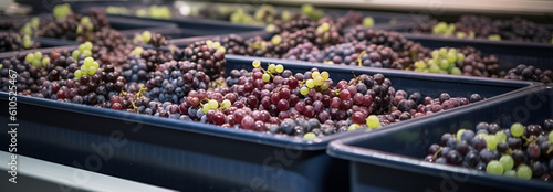 Grapes in industrial production. Grapes in trays in production.  Generative AI