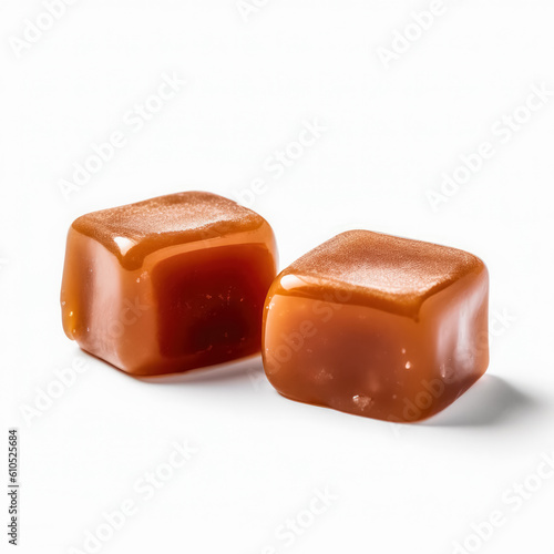 Delicious caramels isolated on white background, generative AI

