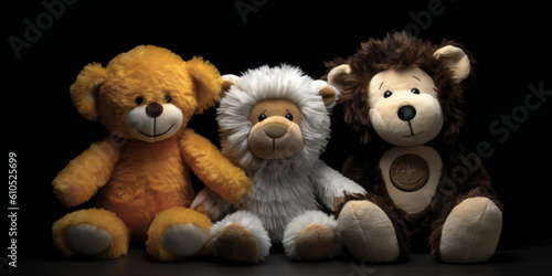 3 stuffed animals on black background, Generative AI