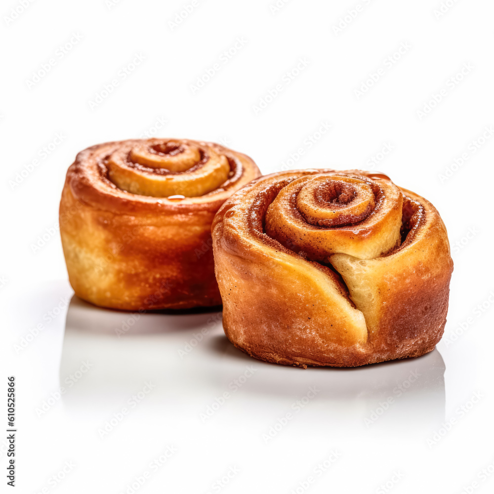 Fototapeta premium Delicious cinnamon rolls buns isolated on white background, generative AI