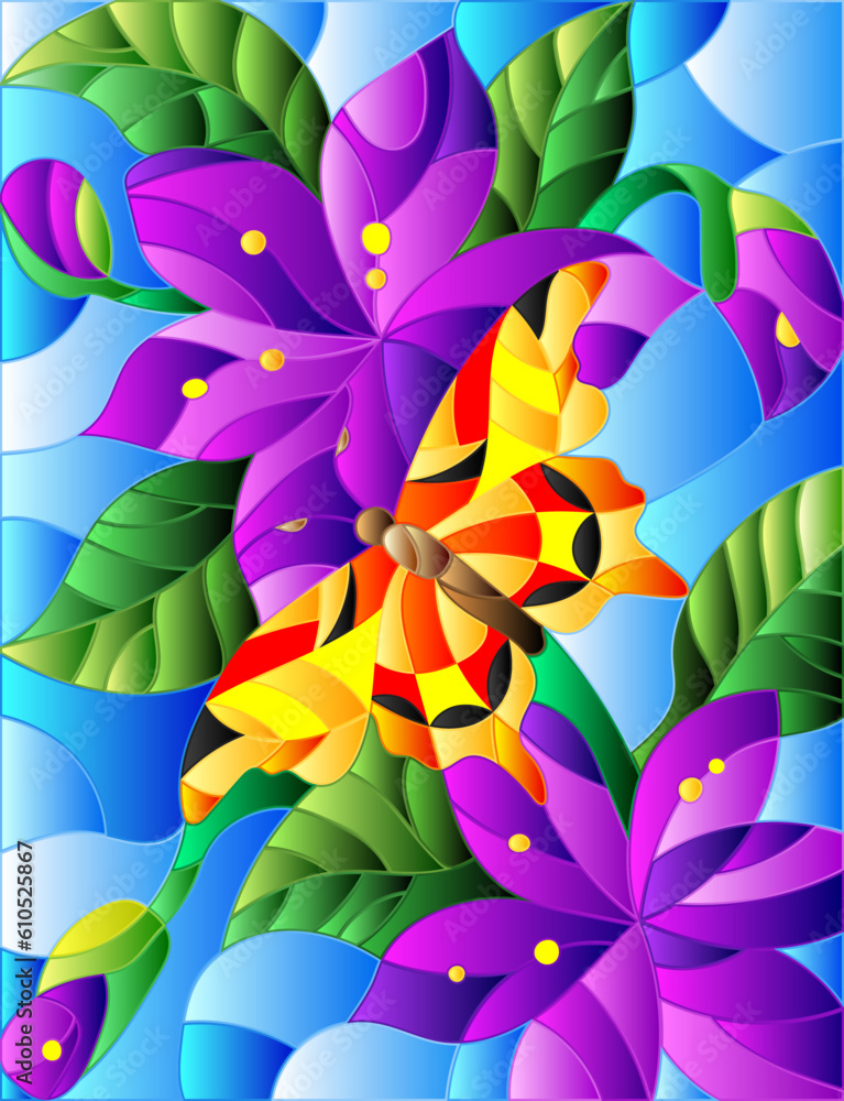 An illustration in the style of a stained glass window with bright purple flowers and orange butterfly on a blue sky background An illustration in the style of a stained glass window with bright purple flowers and orange butterfly on a blue sky background