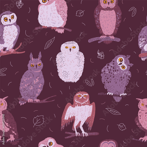 Seamless pattern with various owls flat style, vector illustration