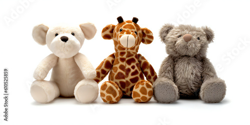 3 stuffed animals on white background, Generative AI