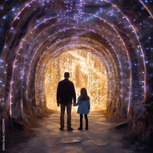 A Father and Daughter Standing in a Tunnel Illuminated by Sparkling Lights Generative AI