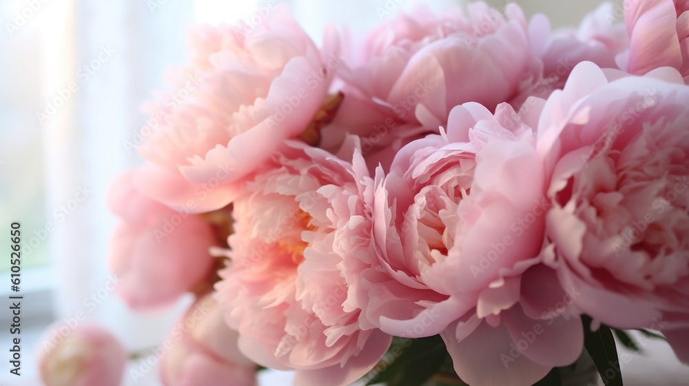 Elegant bouquet of a lot of peonies of pink color close up. Pastel pink peonies, wedding, Easter, Mother's day, vintage style. Generative AI.