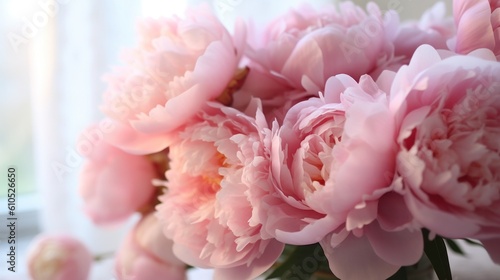 Elegant bouquet of a lot of peonies of pink color close up. Pastel pink peonies, wedding, Easter, Mother's day, vintage style. Generative AI.