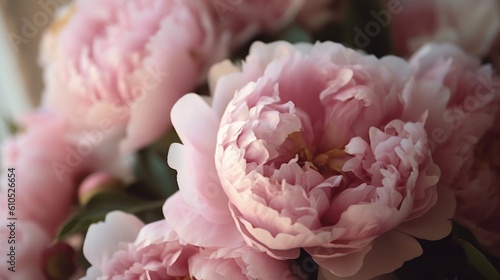 Elegant bouquet of a lot of peonies of pink color close up. Pastel pink peonies, wedding, Easter, Mother's day, vintage style. Generative AI.