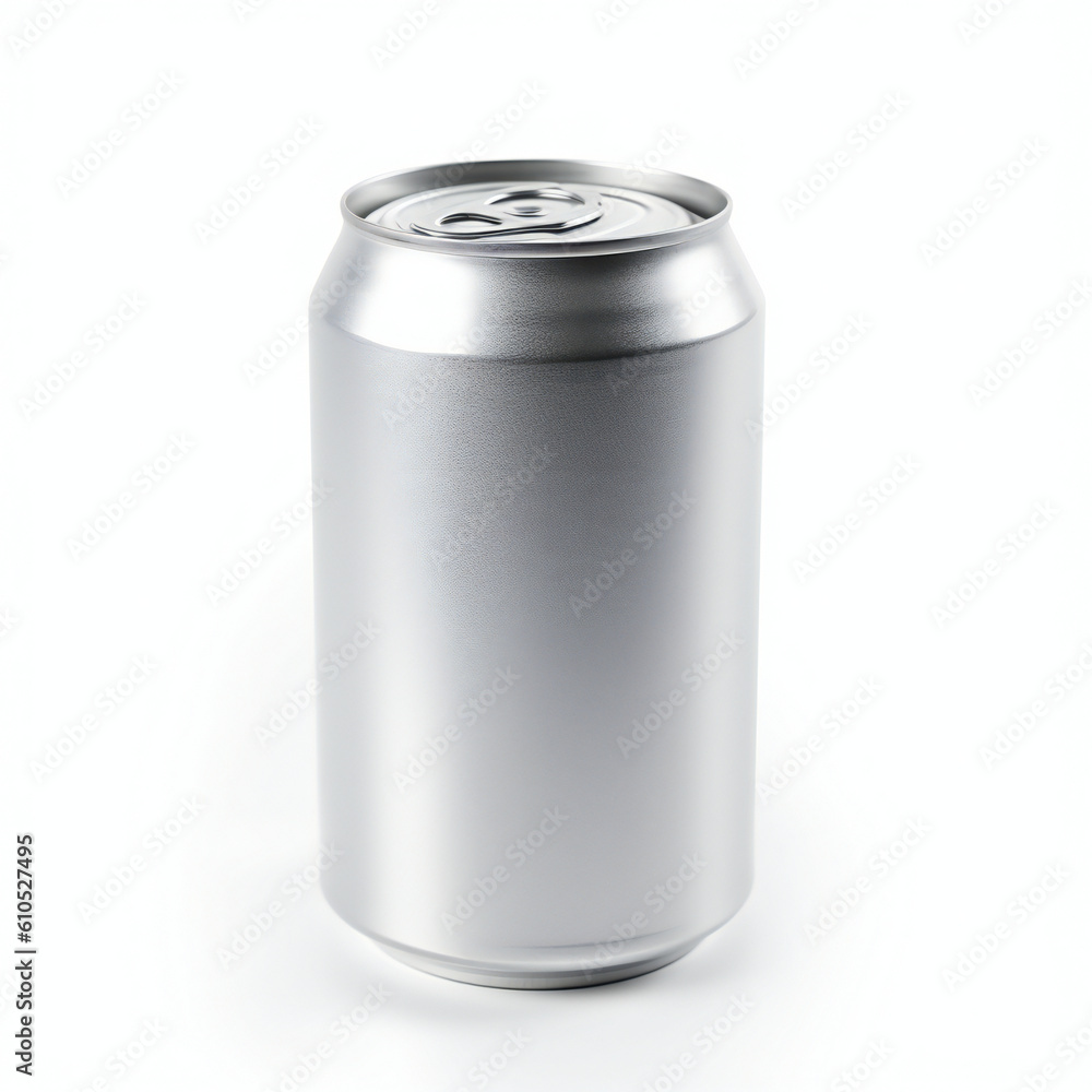 A silver beverage can on a white background, Generative AI A silver beverage can on a white background, Generative AI